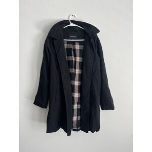 London Fog Black Hooded Trench Coat Plaid Lined Rain Jacket Womens Petite Large